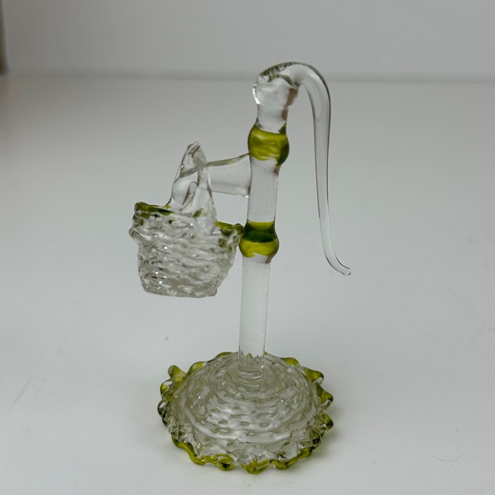 Vintage Hand Blown Glass Miniature Water Pump and Basket Figurine Green Clear
